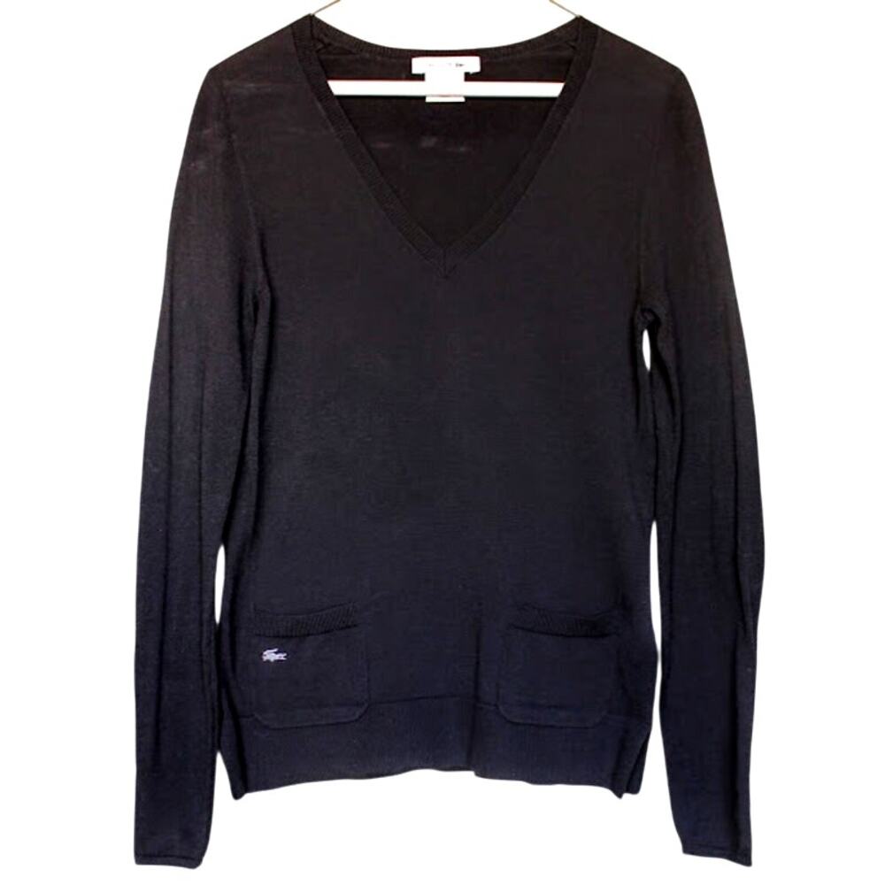 LACOSTE | Black V-Neck 100% Cotton Sweater Lightweight Pockets Button Cuffs